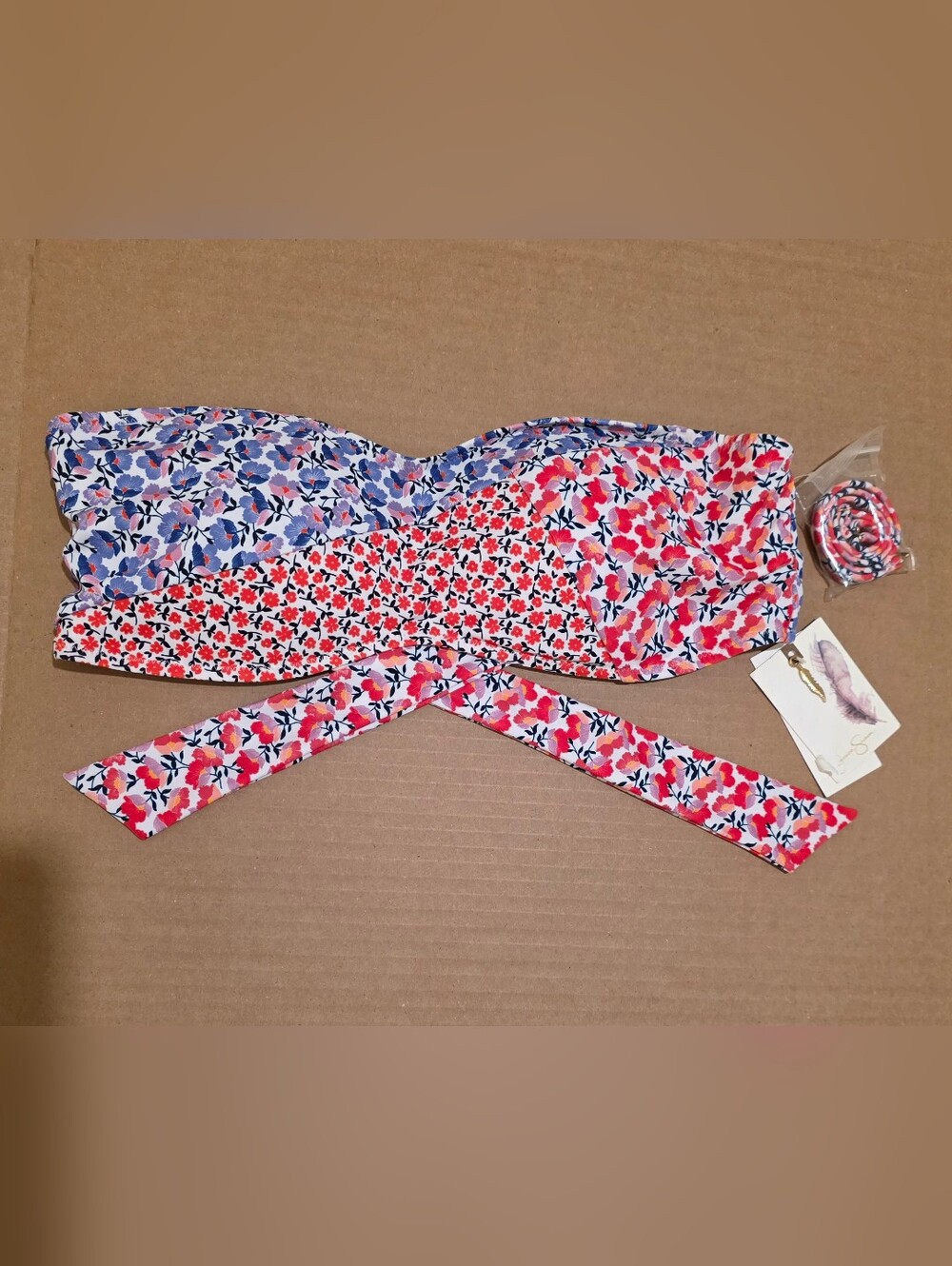 Jessica Simpson Floral Bandeau Tie-Front Swim Top - Pink/Blue